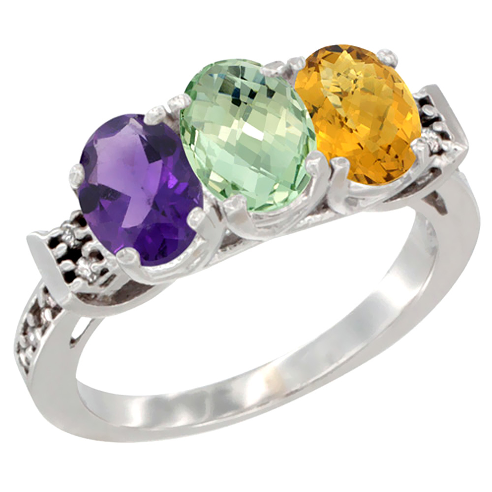 14K White Gold Natural Amethyst, Green Amethyst & Whisky Quartz Ring 3-Stone 7x5 mm Oval Diamond Accent, sizes 5 - 10