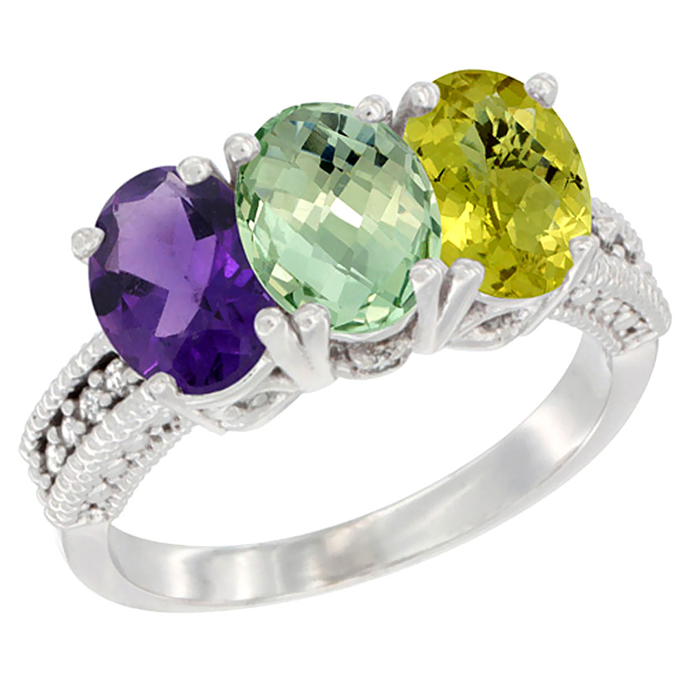 14K White Gold Natural Amethyst, Green Amethyst & Lemon Quartz Ring 3-Stone 7x5 mm Oval Diamond Accent, sizes 5 - 10