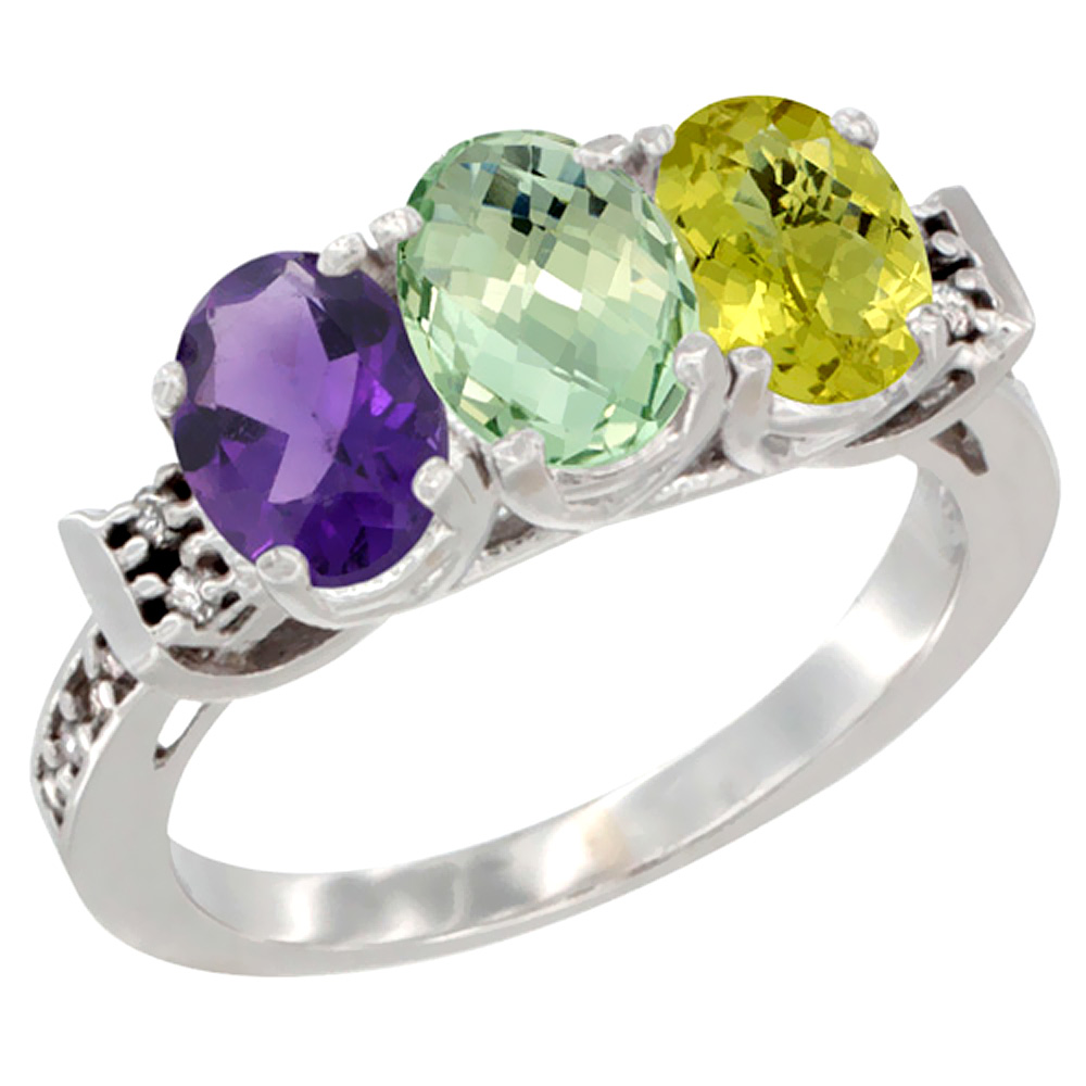 14K White Gold Natural Amethyst, Green Amethyst & Lemon Quartz Ring 3-Stone 7x5 mm Oval Diamond Accent, sizes 5 - 10