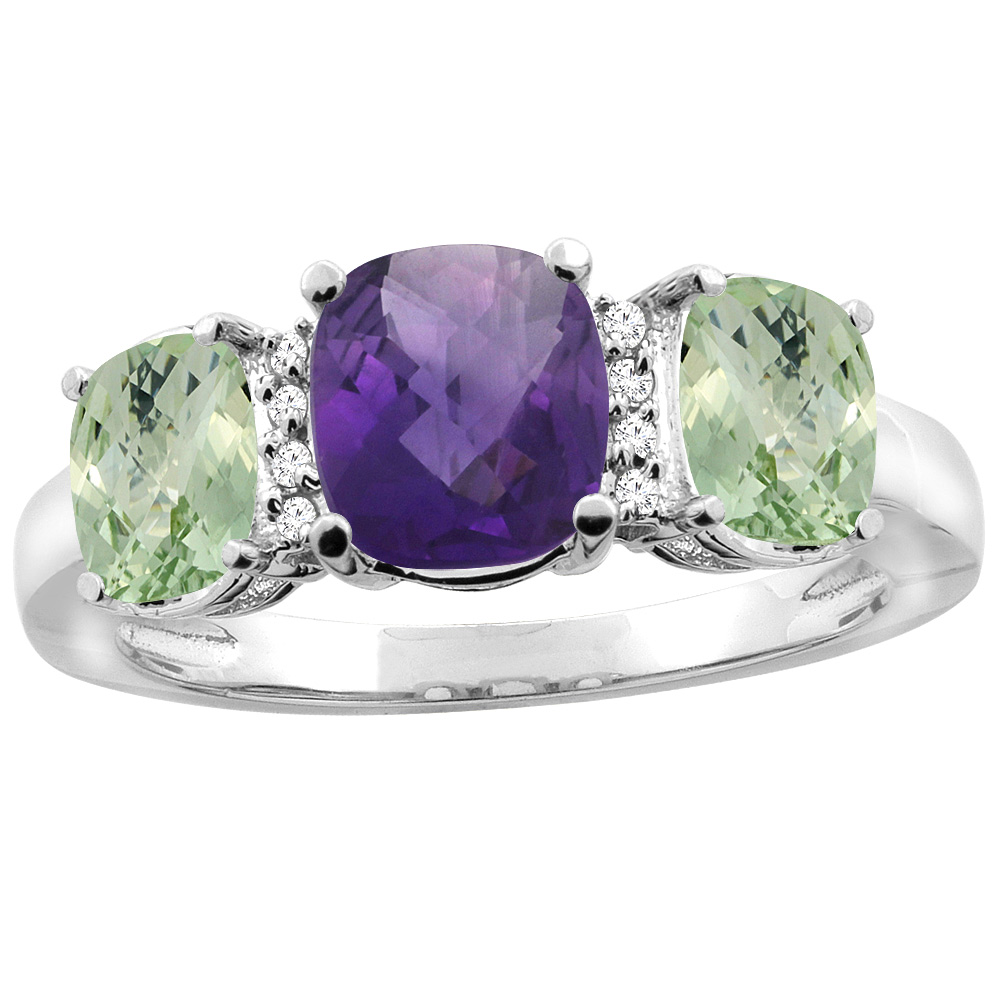 10K Yellow Gold Natural Amethyst & Green Amethyst 3-stone Ring Cushion 8x6mm Diamond Accent, sizes 5 - 10