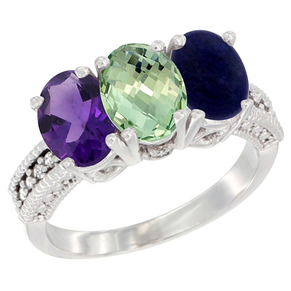 14K White Gold Natural Amethyst, Green Amethyst & Lapis Ring 3-Stone 7x5 mm Oval Diamond Accent, sizes 5 - 10