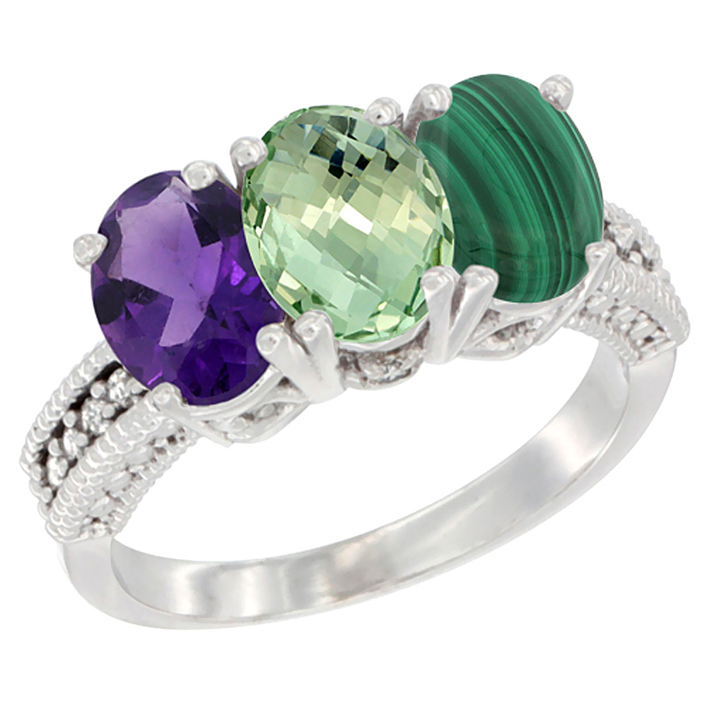 14K White Gold Natural Amethyst, Green Amethyst & Malachite Ring 3-Stone 7x5 mm Oval Diamond Accent, sizes 5 - 10