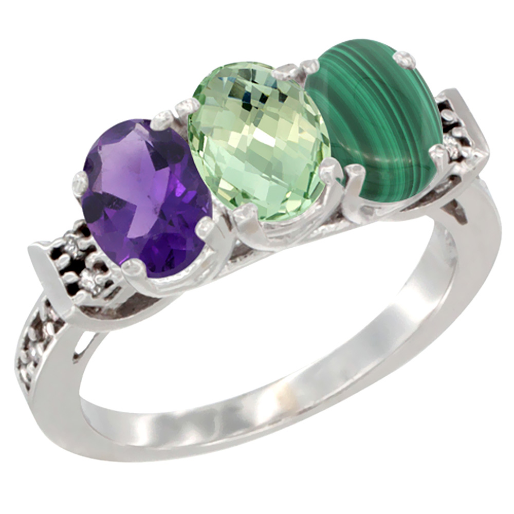 14K White Gold Natural Amethyst, Green Amethyst &amp; Malachite Ring 3-Stone 7x5 mm Oval Diamond Accent, sizes 5 - 10