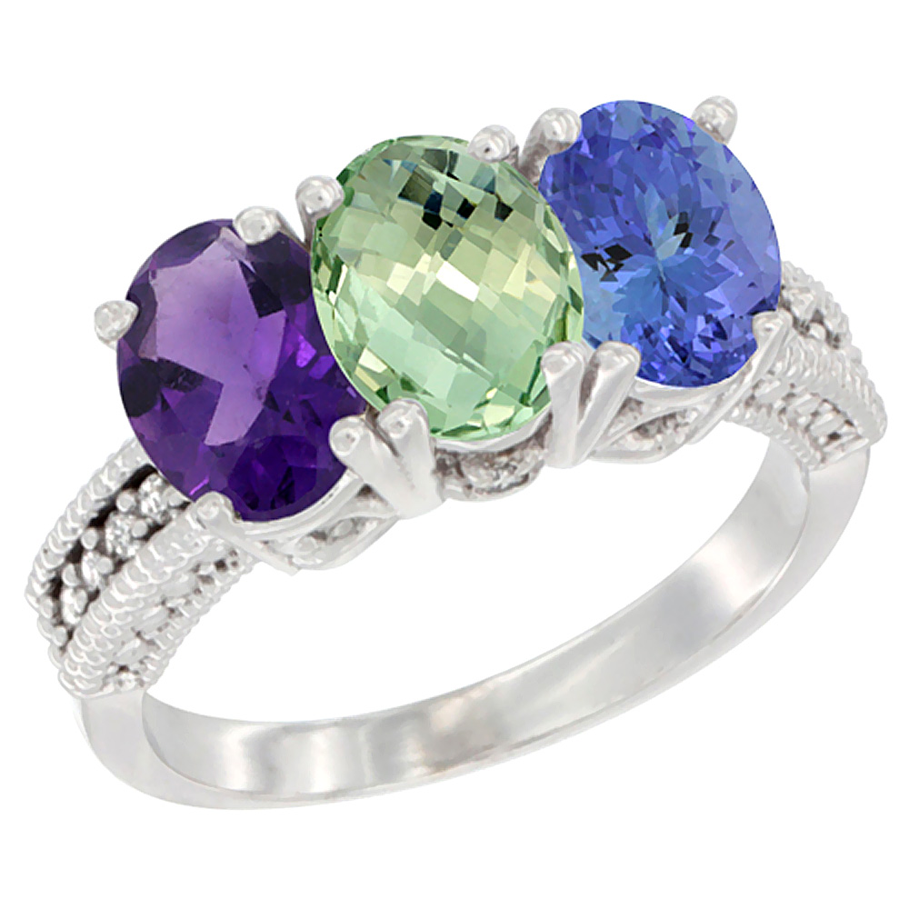 14K White Gold Natural Amethyst, Green Amethyst & Tanzanite Ring 3-Stone 7x5 mm Oval Diamond Accent, sizes 5 - 10