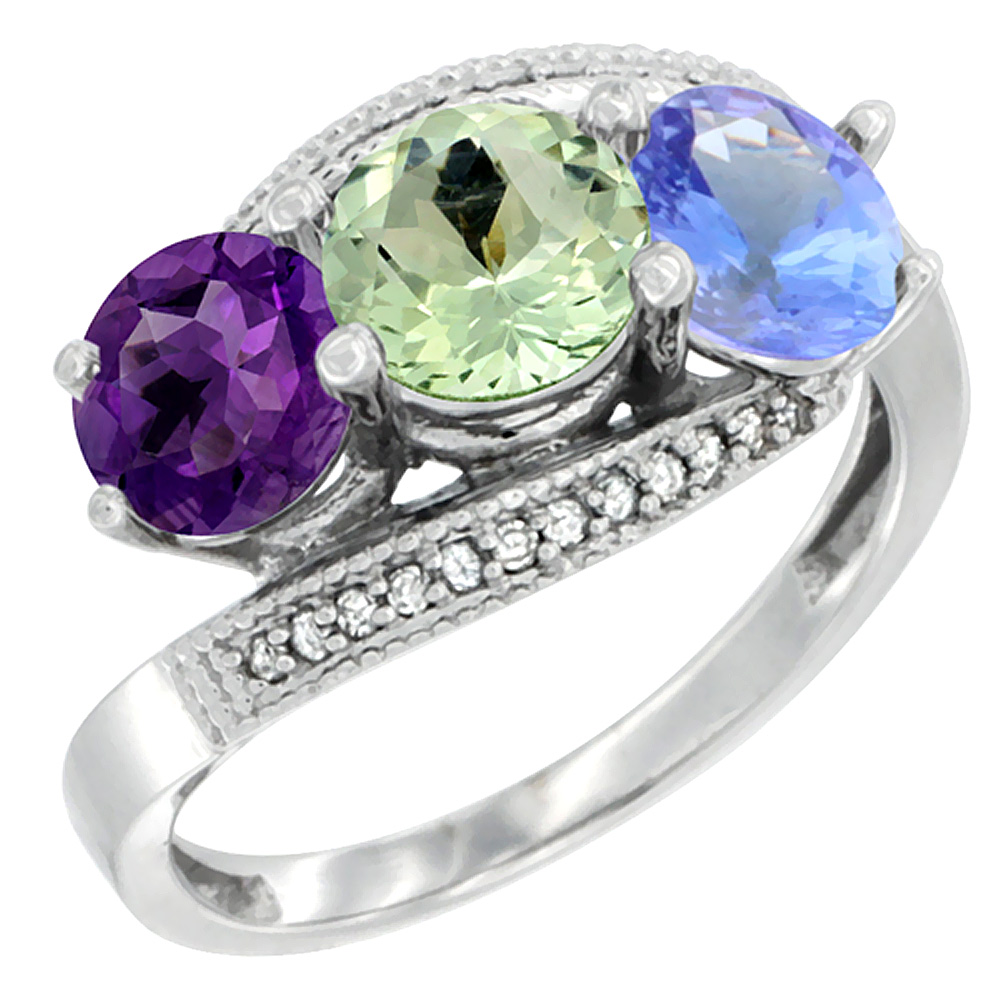 14K White Gold Natural Amethyst, Green Amethyst &amp; Tanzanite 3 stone Ring Round 6mm Diamond Accent, sizes 5 - 10