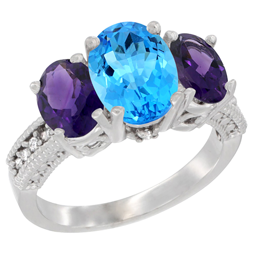 10K White Gold Diamond Natural Swiss Blue Topaz Ring 3-Stone Oval 8x6mm with Amethyst, sizes5-10