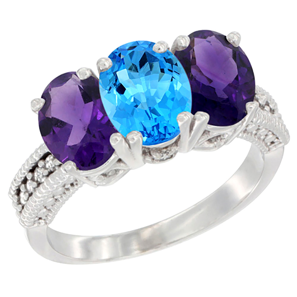 10K White Gold Natural Swiss Blue Topaz &amp; Amethyst Sides Ring 3-Stone Oval 7x5 mm Diamond Accent, sizes 5 - 10