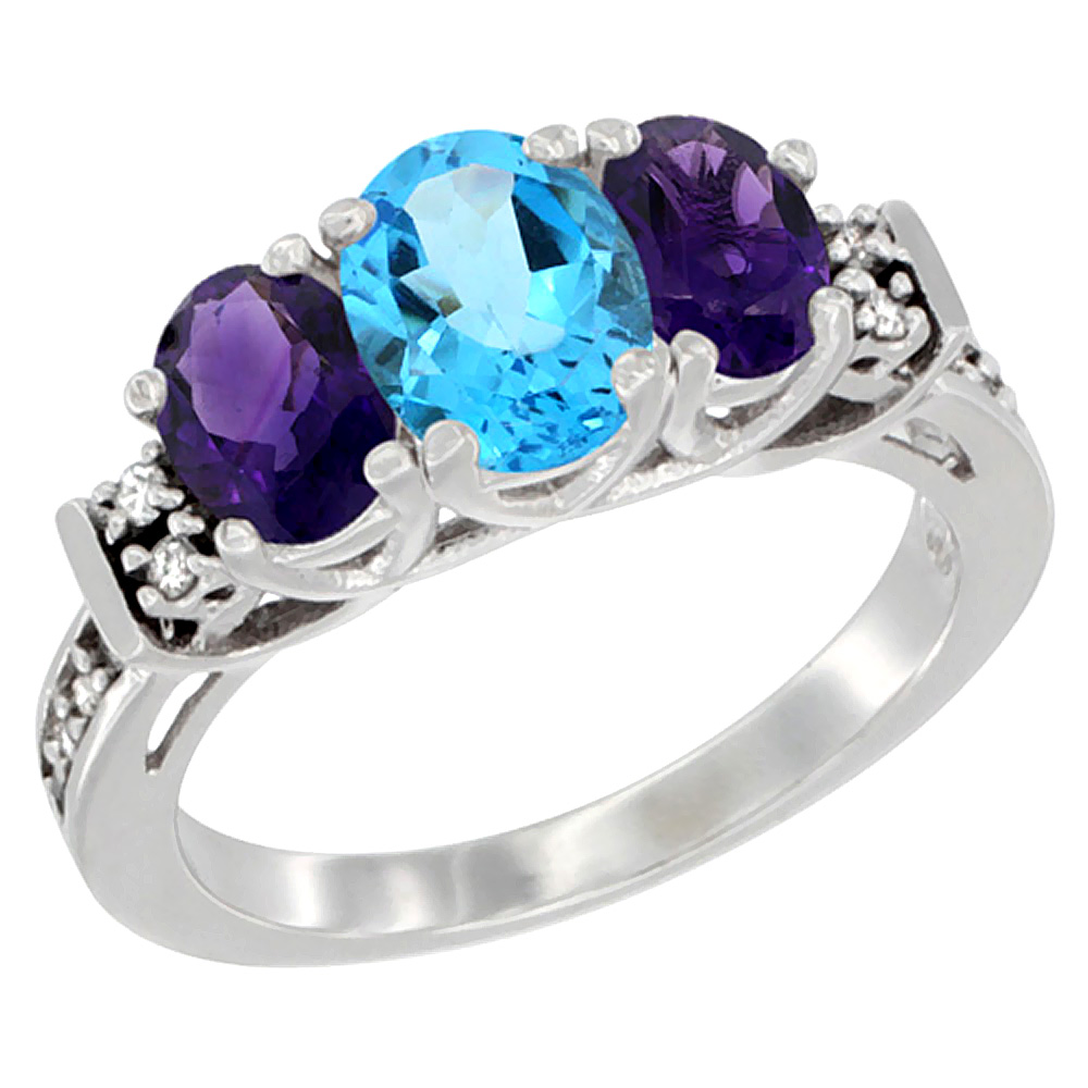 14K White Gold Natural Swiss Blue Topaz &amp; Amethyst Ring 3-Stone Oval Diamond Accent, sizes 5-10