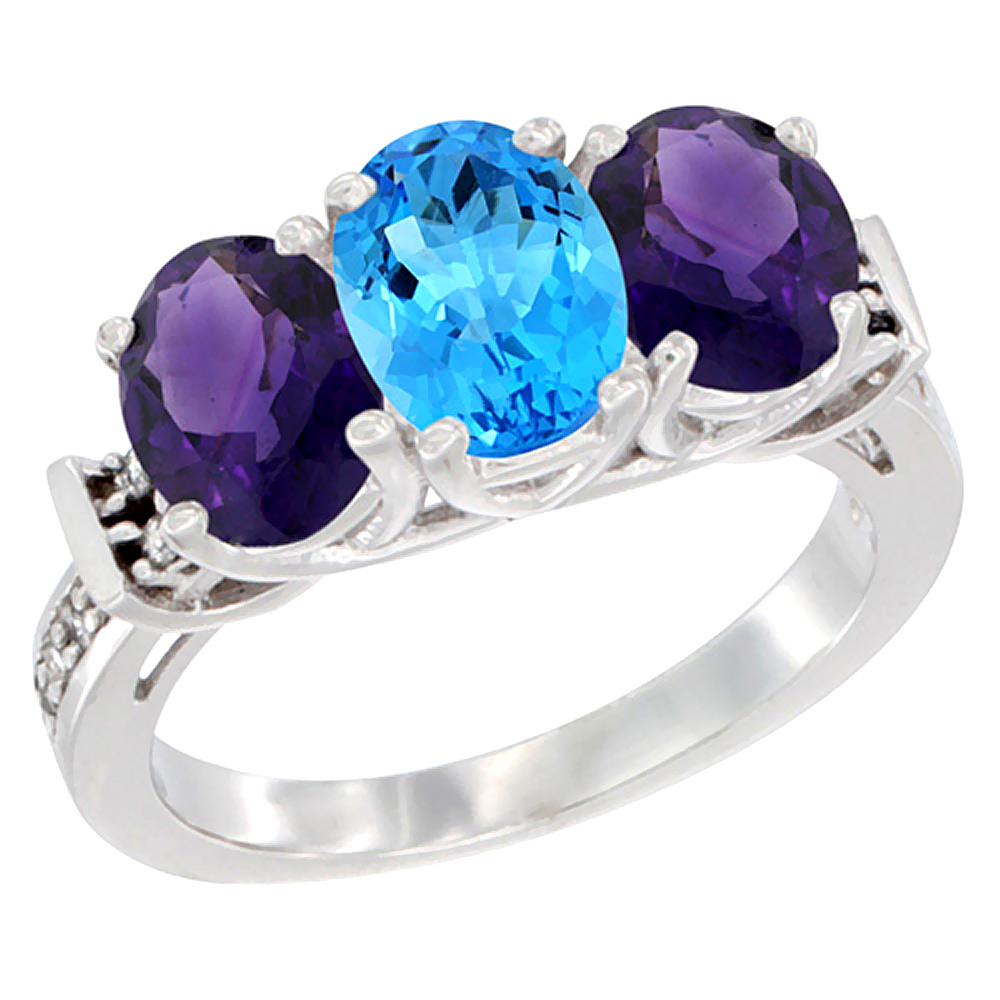 14K White Gold Natural Swiss Blue Topaz &amp; Amethyst Sides Ring 3-Stone Oval Diamond Accent, sizes 5 - 10