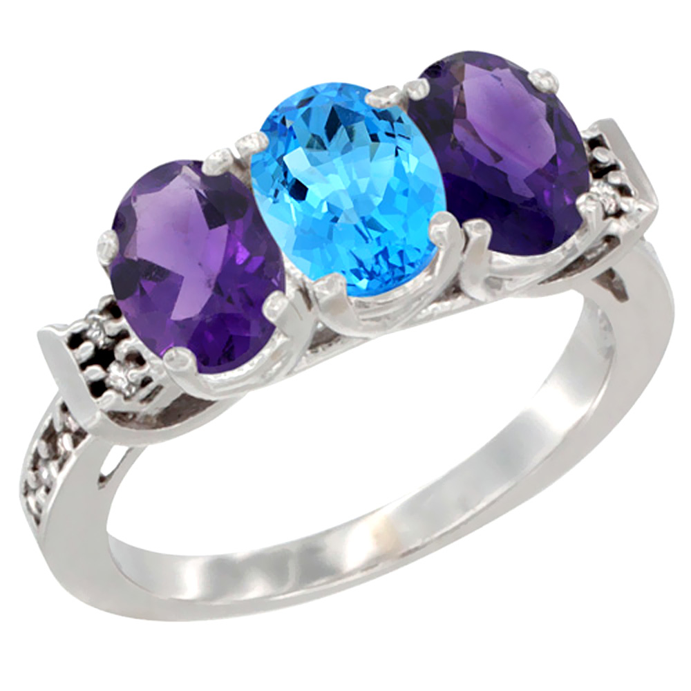 14K White Gold Natural Swiss Blue Topaz & Amethyst Sides Ring 3-Stone 7x5 mm Oval Diamond Accent, sizes 5 - 10