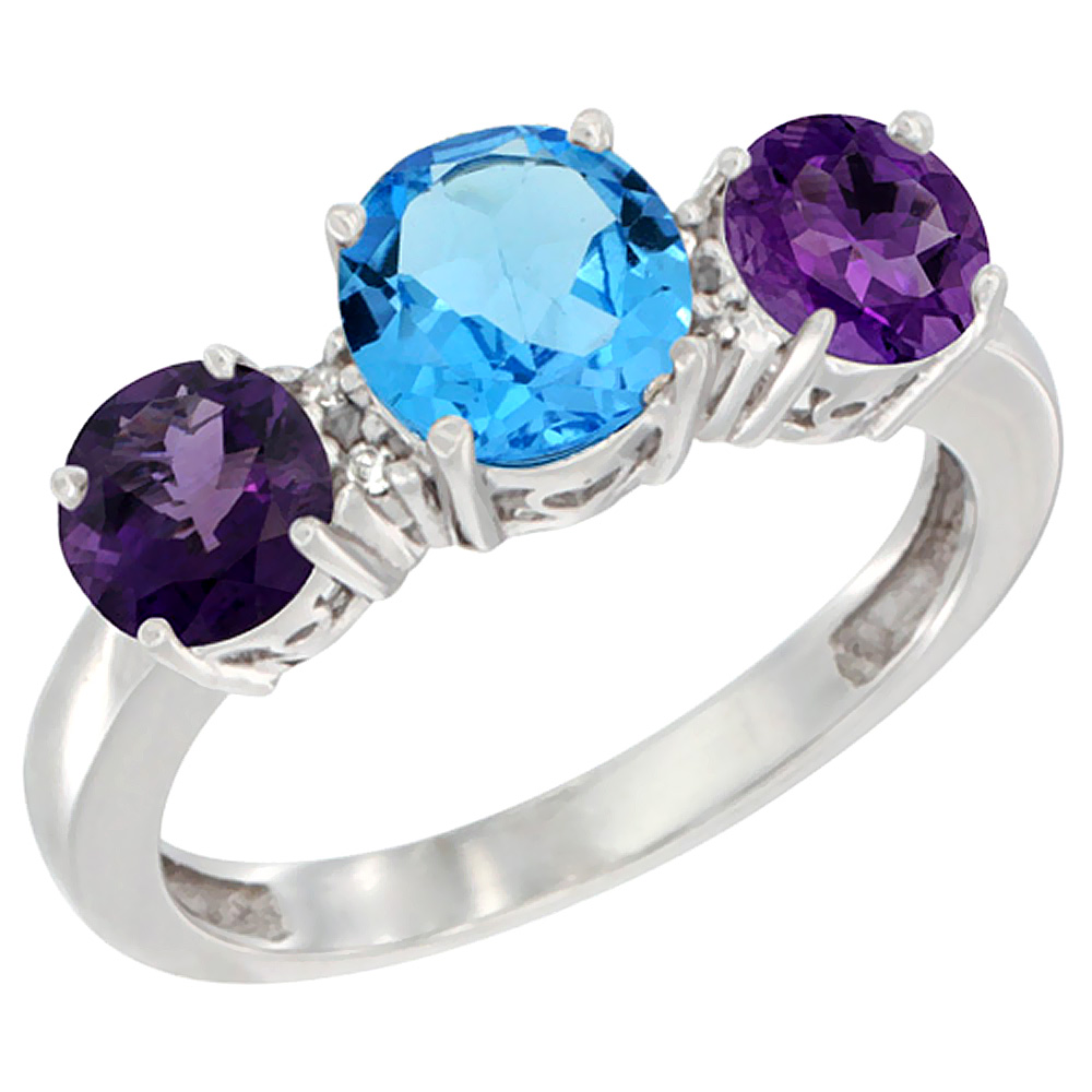 10K White Gold Round 3-Stone Natural Swiss Blue Topaz Ring &amp; Amethyst Sides Diamond Accent, sizes 5 - 10