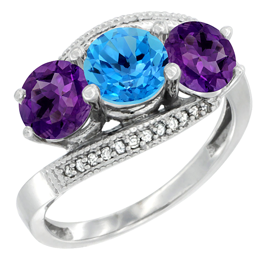 14K White Gold Natural Swiss Blue Topaz & Amethyst Sides 3 stone Ring Round 6mm Diamond Accent, sizes 5 - 10