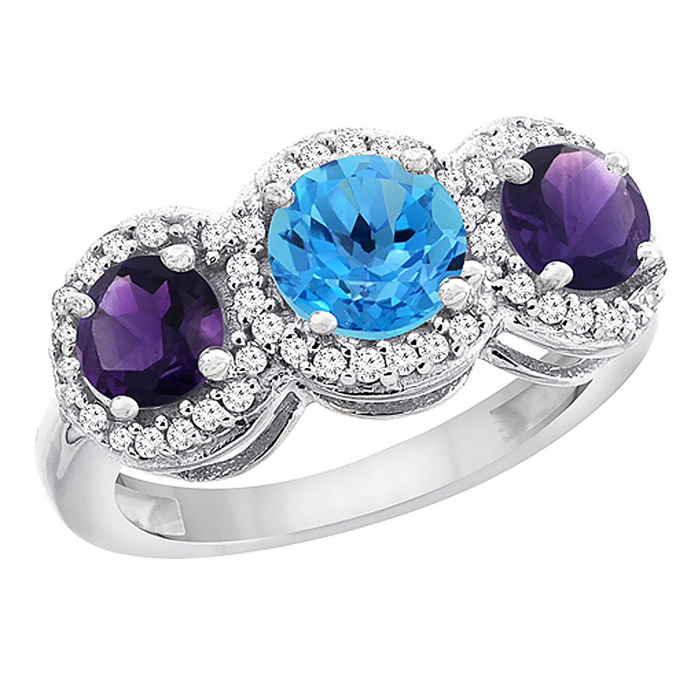 10K White Gold Natural Swiss Blue Topaz & Amethyst Sides Round 3-stone Ring Diamond Accents, sizes 5 - 10