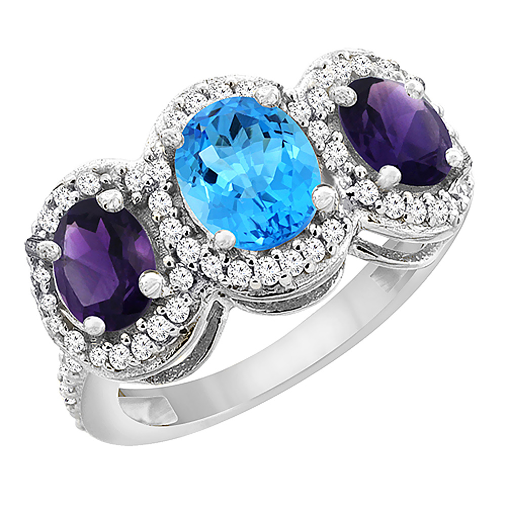 14K White Gold Natural Swiss Blue Topaz &amp; Amethyst 3-Stone Ring Oval Diamond Accent, sizes 5 - 10