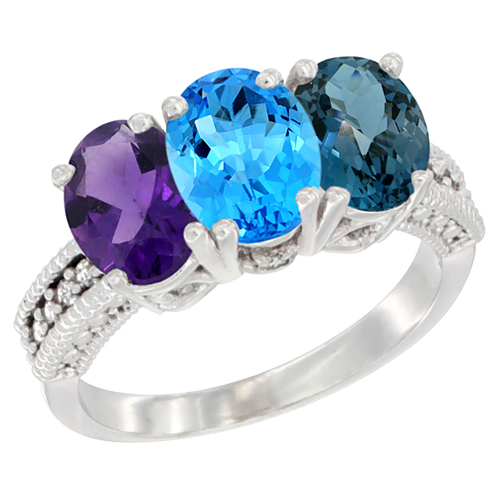 10K White Gold Natural Amethyst, Swiss Blue Topaz &amp; London Blue Topaz Ring 3-Stone Oval 7x5 mm Diamond Accent, sizes 5 - 10