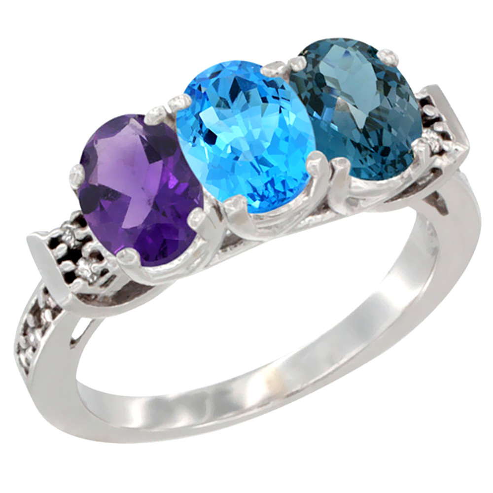 10K White Gold Natural Amethyst, Swiss Blue Topaz & London Blue Topaz Ring 3-Stone Oval 7x5 mm Diamond Accent, sizes 5 - 10