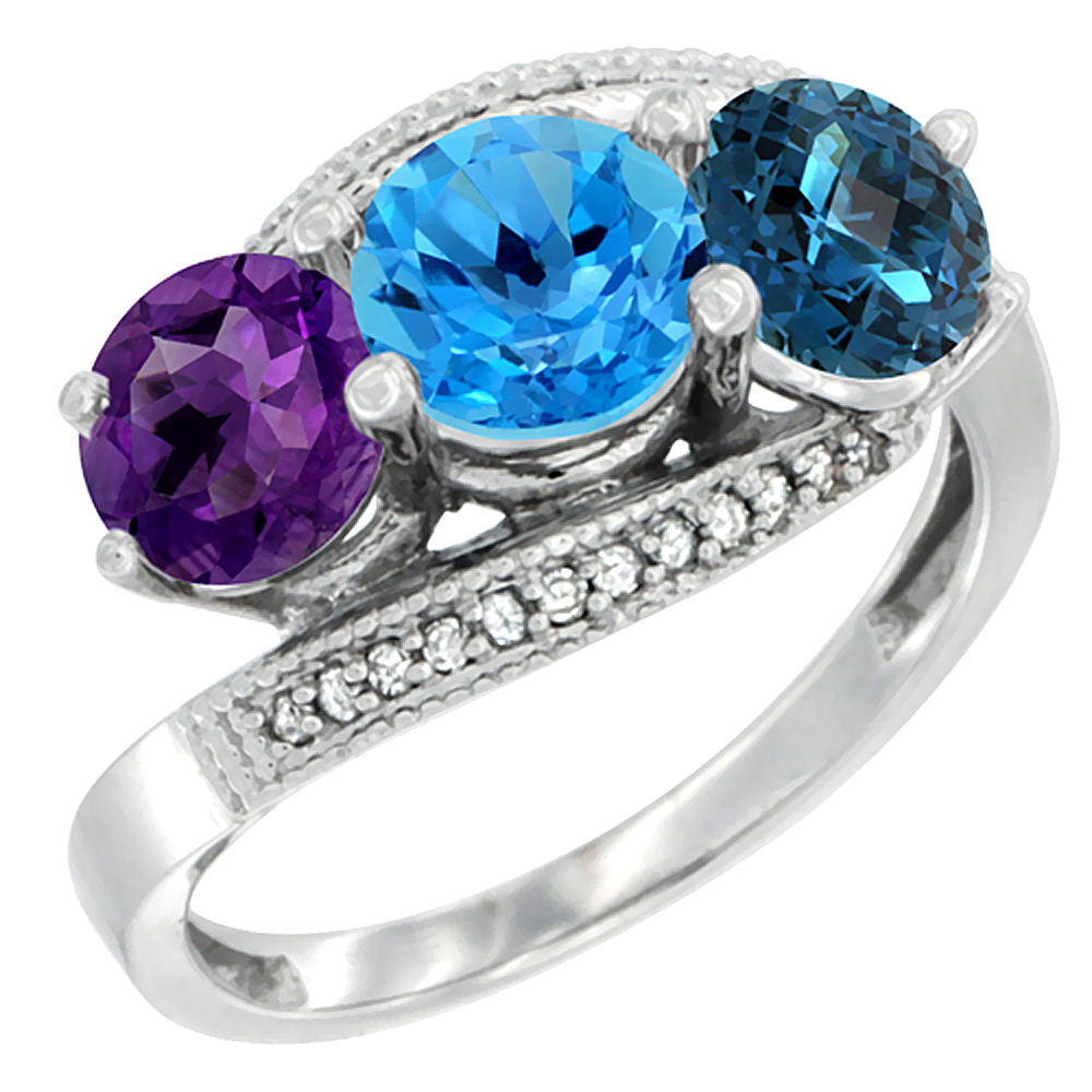 14K White Gold Natural Amethyst, Swiss &amp; London Blue Topaz 3 stone Ring Round 6mm Diamond Accent, sizes 5 - 10