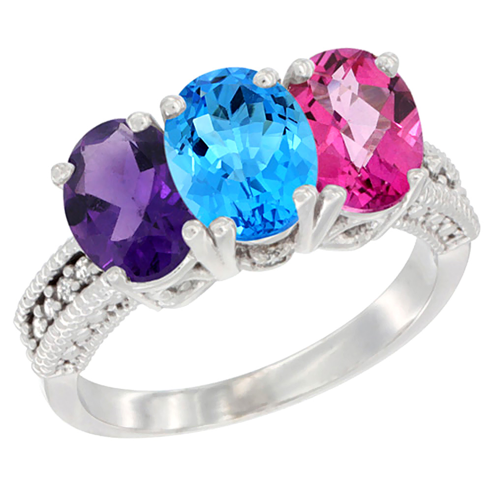 14K White Gold Natural Amethyst, Swiss Blue Topaz & Pink Topaz Ring 3-Stone 7x5 mm Oval Diamond Accent, sizes 5 - 10