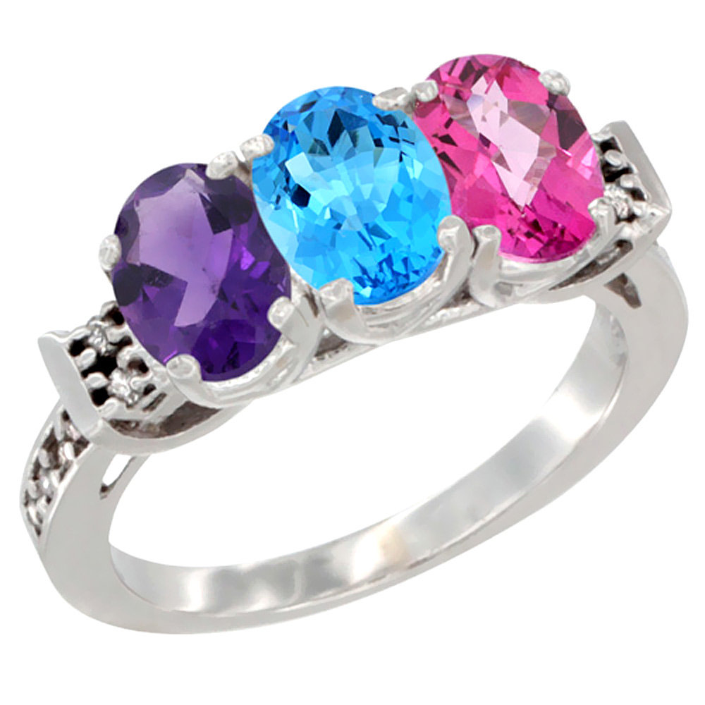 14K White Gold Natural Amethyst, Swiss Blue Topaz & Pink Topaz Ring 3-Stone 7x5 mm Oval Diamond Accent, sizes 5 - 10