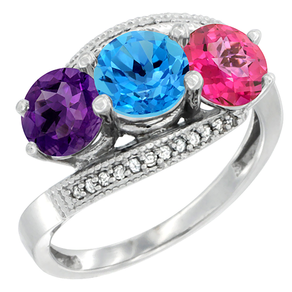 10K White Gold Natural Amethyst, Swiss Blue & Pink Topaz 3 stone Ring Round 6mm Diamond Accent, sizes 5 - 10