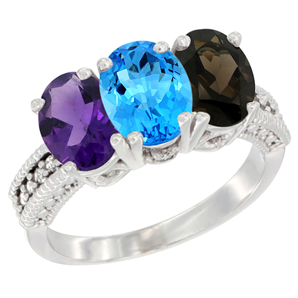 10K White Gold Natural Amethyst, Swiss Blue Topaz &amp; Smoky Topaz Ring 3-Stone Oval 7x5 mm Diamond Accent, sizes 5 - 10