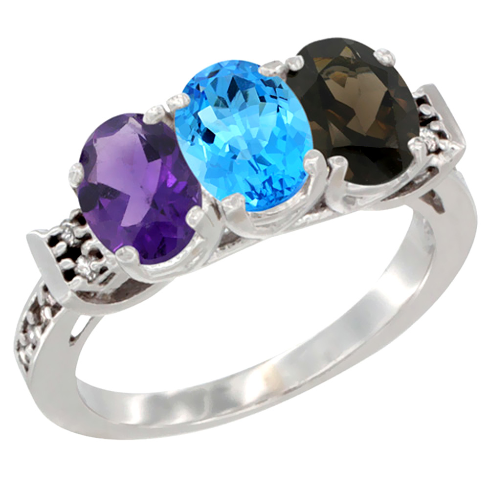 14K White Gold Natural Amethyst, Swiss Blue Topaz & Smoky Topaz Ring 3-Stone 7x5 mm Oval Diamond Accent, sizes 5 - 10