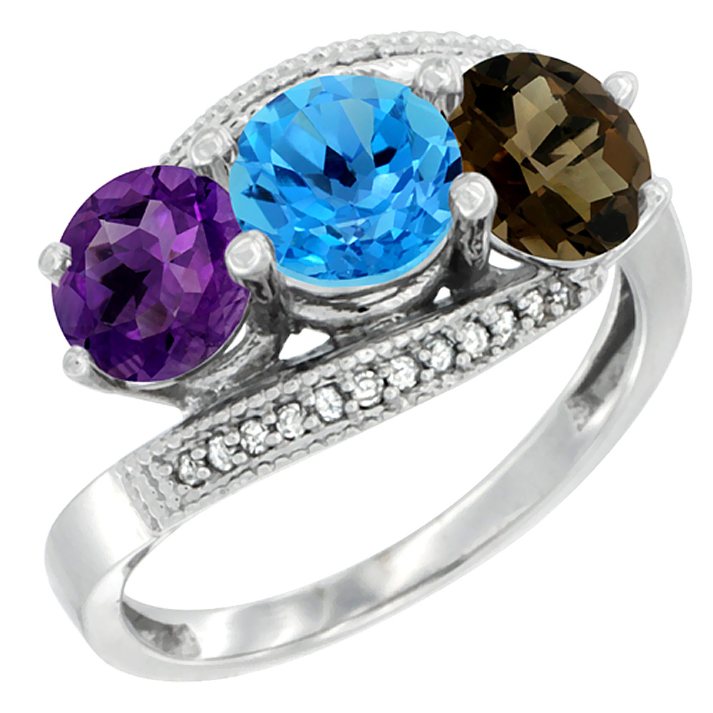 14K White Gold Natural Amethyst, Swiss Blue & Smoky Topaz 3 stone Ring Round 6mm Diamond Accent, sizes 5 - 10