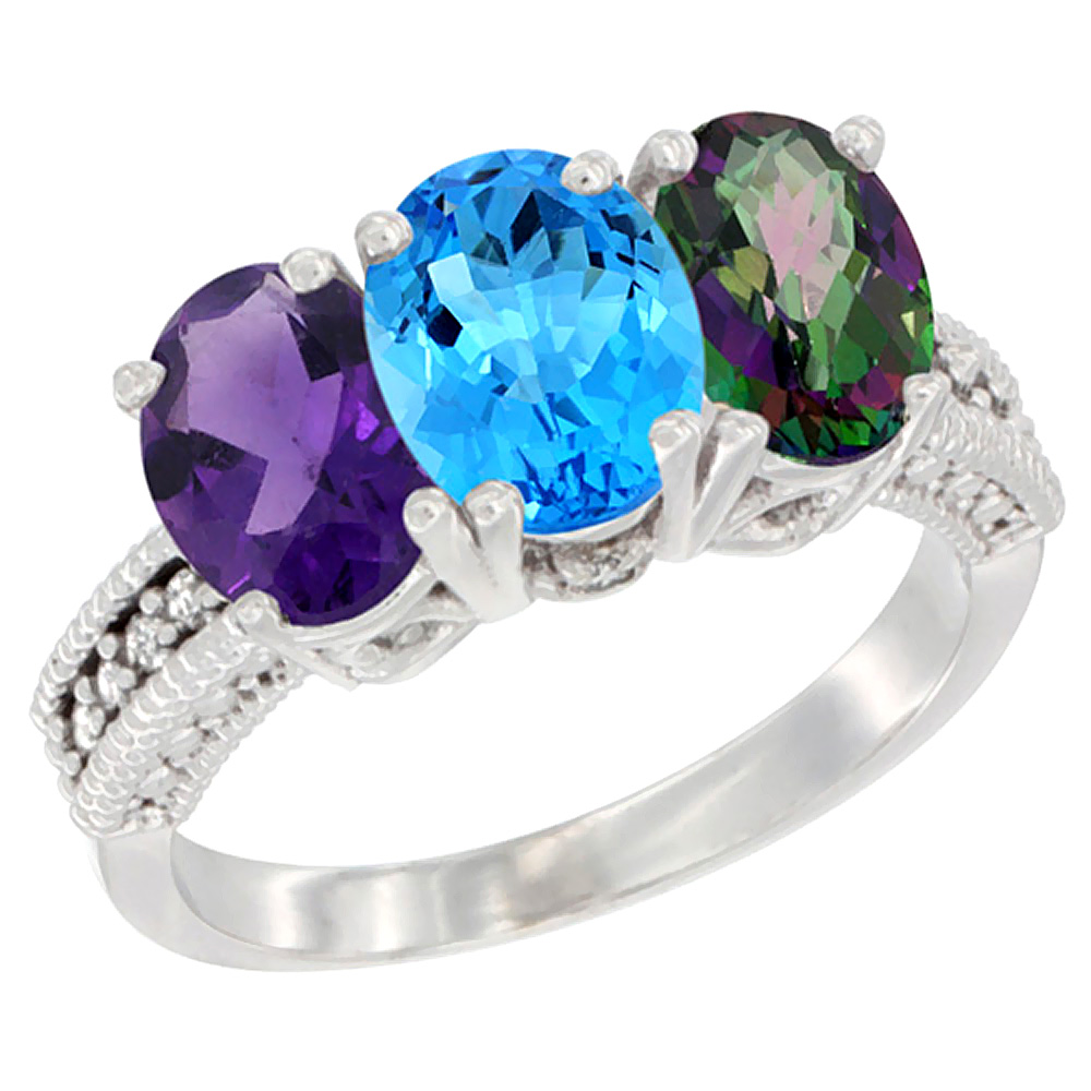 14K White Gold Natural Amethyst, Swiss Blue Topaz &amp; Mystic Topaz Ring 3-Stone 7x5 mm Oval Diamond Accent, sizes 5 - 10