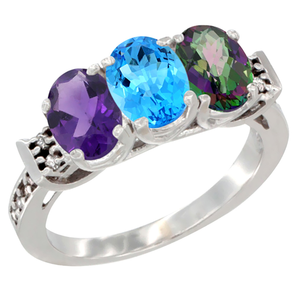 14K White Gold Natural Amethyst, Swiss Blue Topaz & Mystic Topaz Ring 3-Stone 7x5 mm Oval Diamond Accent, sizes 5 - 10