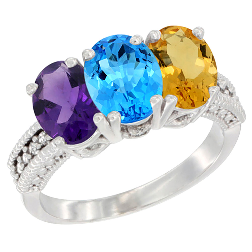 10K White Gold Natural Amethyst, Swiss Blue Topaz &amp; Citrine Ring 3-Stone Oval 7x5 mm Diamond Accent, sizes 5 - 10