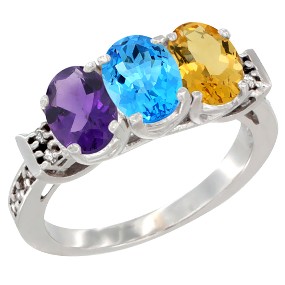 10K White Gold Natural Amethyst, Swiss Blue Topaz & Citrine Ring 3-Stone Oval 7x5 mm Diamond Accent, sizes 5 - 10