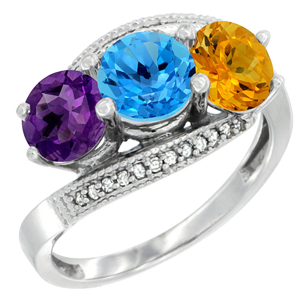 10K White Gold Natural Amethyst, Swiss Blue Topaz & Citrine 3 stone Ring Round 6mm Diamond Accent, sizes 5 - 10