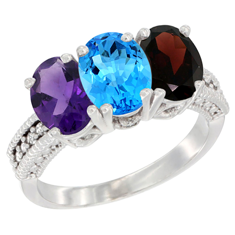 14K White Gold Natural Amethyst, Swiss Blue Topaz &amp; Garnet Ring 3-Stone 7x5 mm Oval Diamond Accent, sizes 5 - 10