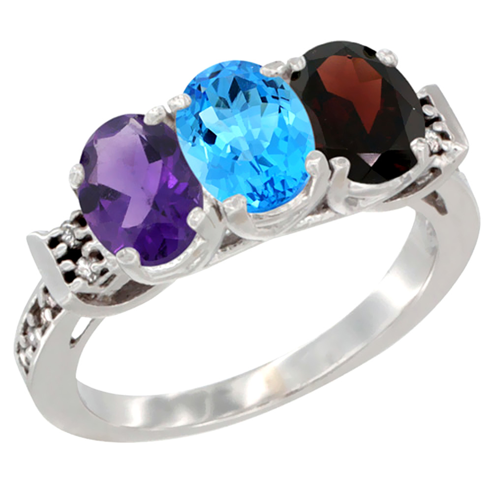 14K White Gold Natural Amethyst, Swiss Blue Topaz &amp; Garnet Ring 3-Stone 7x5 mm Oval Diamond Accent, sizes 5 - 10