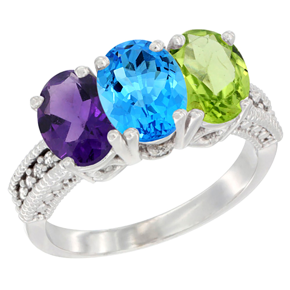 14K White Gold Natural Amethyst, Swiss Blue Topaz & Peridot Ring 3-Stone 7x5 mm Oval Diamond Accent, sizes 5 - 10