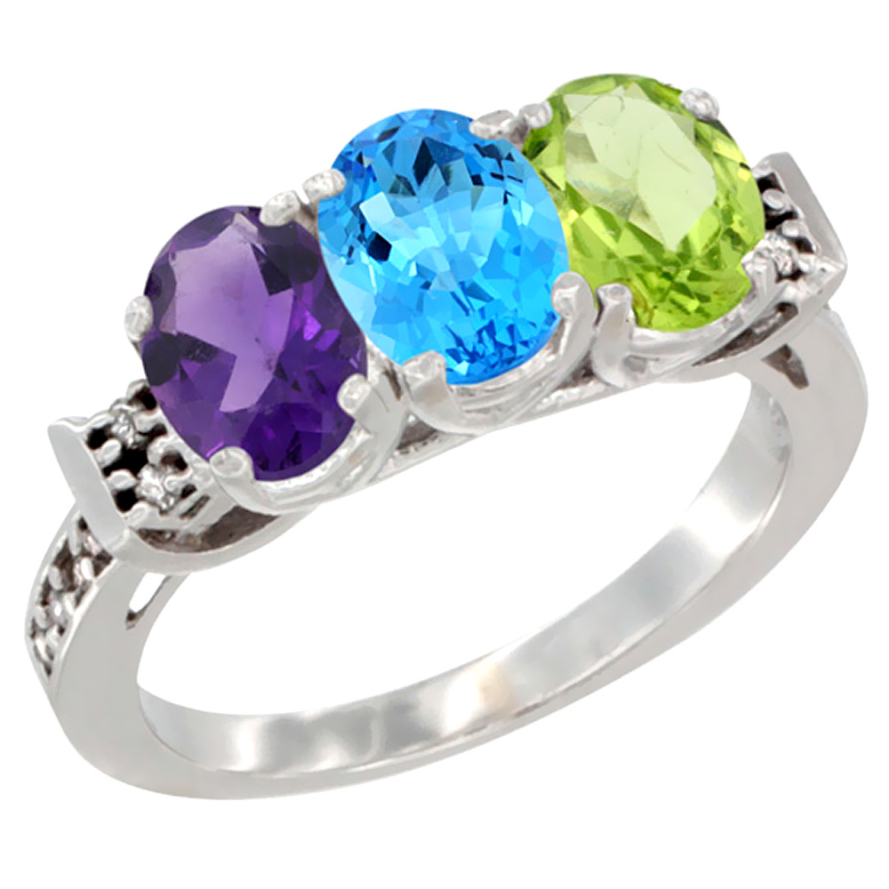 10K White Gold Natural Amethyst, Swiss Blue Topaz & Peridot Ring 3-Stone Oval 7x5 mm Diamond Accent, sizes 5 - 10