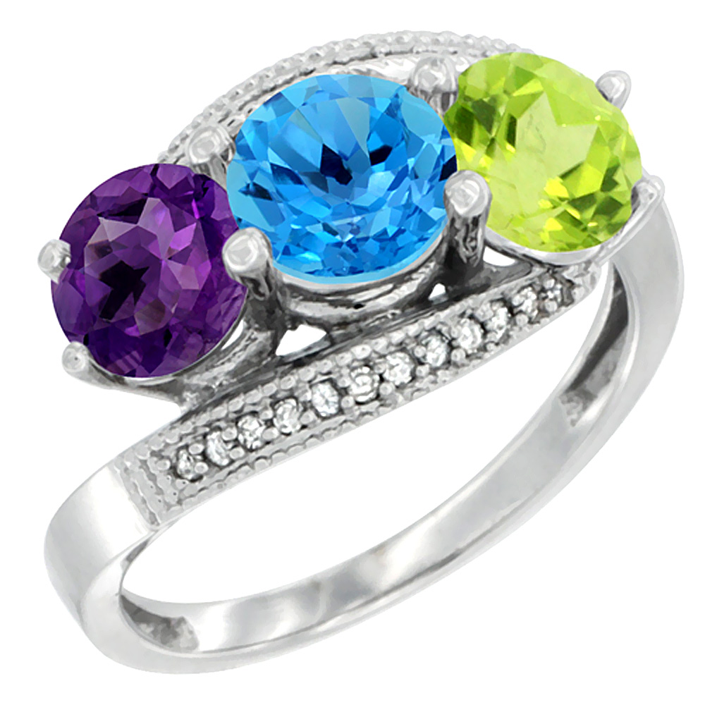 14K White Gold Natural Amethyst, Swiss Blue Topaz &amp; Peridot 3 stone Ring Round 6mm Diamond Accent, sizes 5 - 10