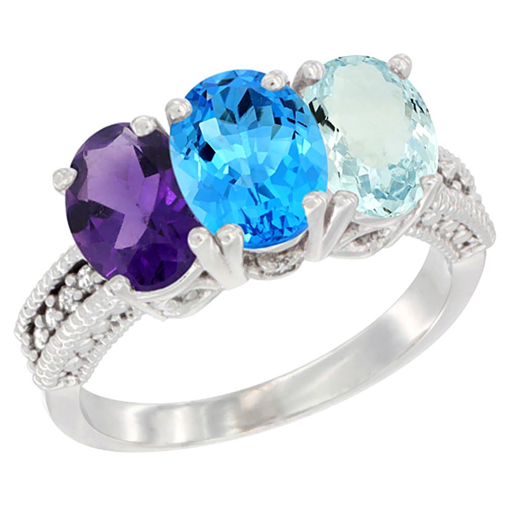 14K White Gold Natural Amethyst, Swiss Blue Topaz &amp; Aquamarine Ring 3-Stone 7x5 mm Oval Diamond Accent, sizes 5 - 10