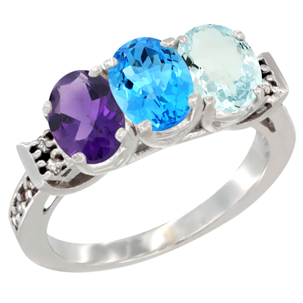 10K White Gold Natural Amethyst, Swiss Blue Topaz &amp; Aquamarine Ring 3-Stone Oval 7x5 mm Diamond Accent, sizes 5 - 10