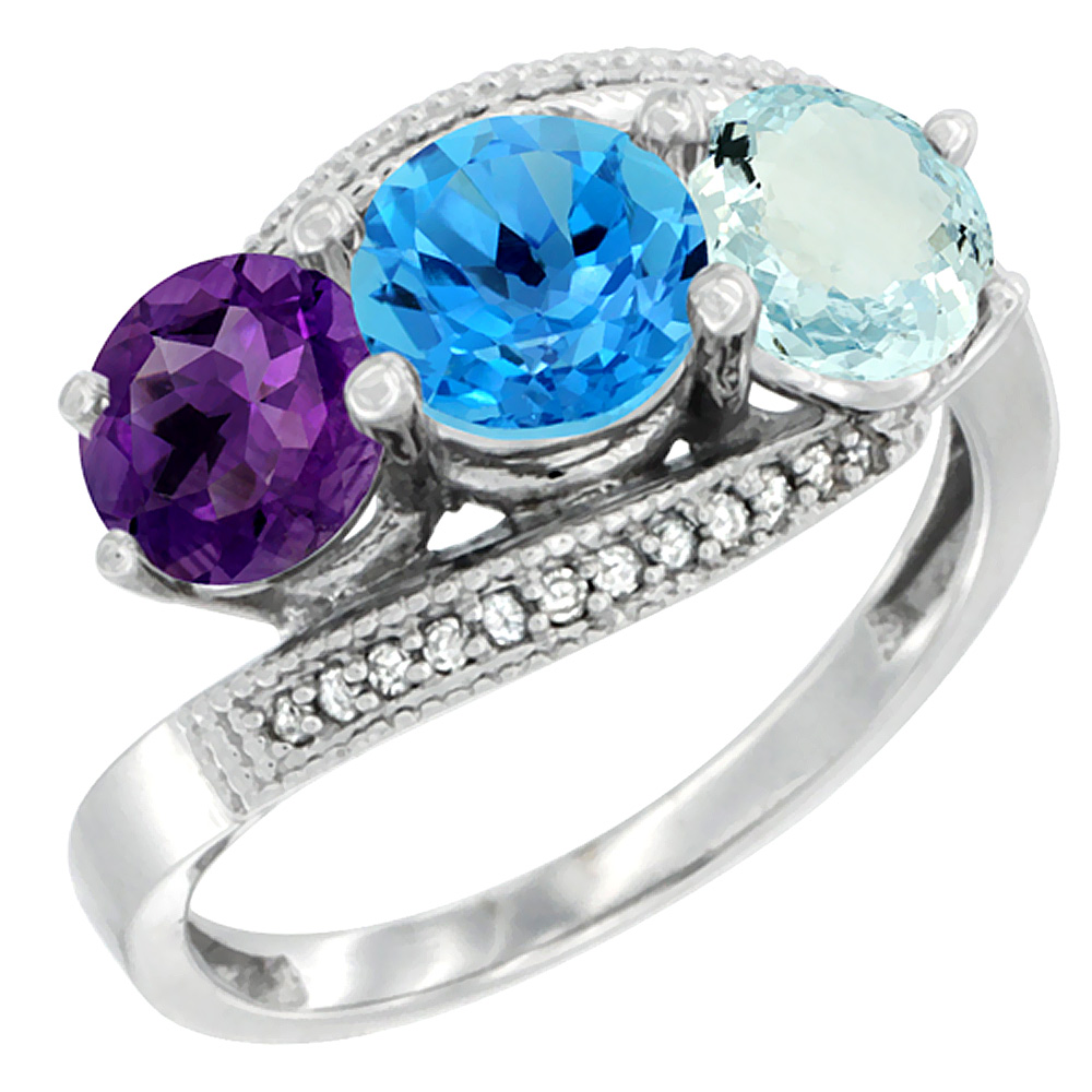 14K White Gold Natural Amethyst, Swiss Blue Topaz &amp; Aquamarine 3 stone Ring Round 6mm Diamond Accent, sizes 5 - 10