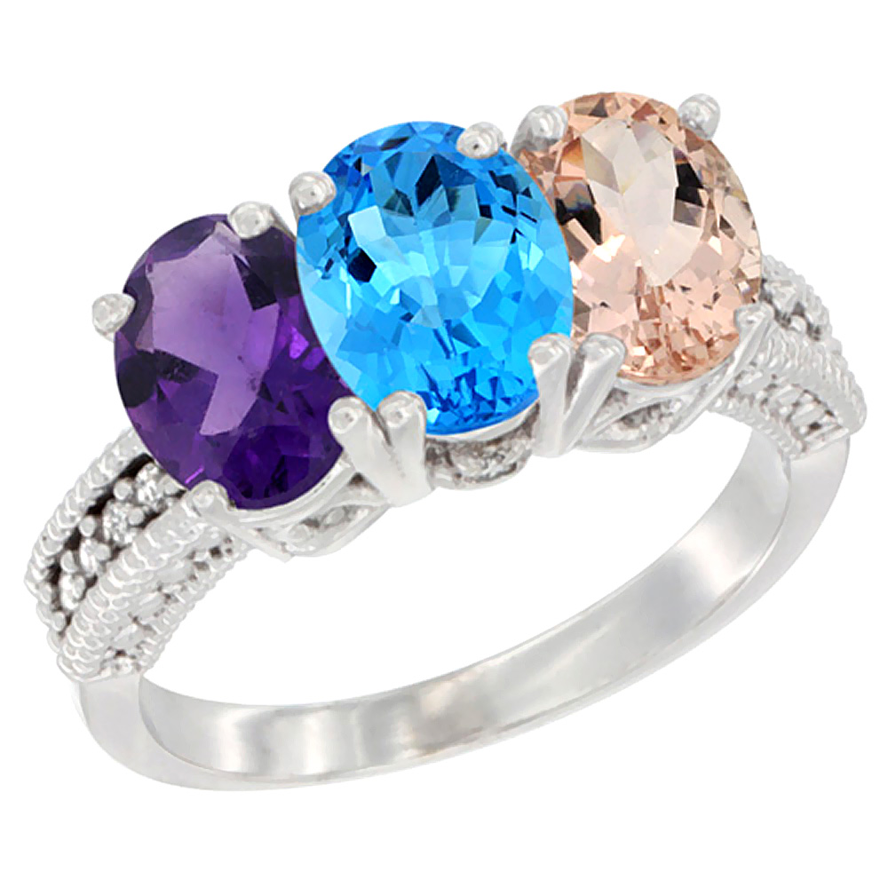 10K White Gold Natural Amethyst, Swiss Blue Topaz &amp; Morganite Ring 3-Stone Oval 7x5 mm Diamond Accent, sizes 5 - 10