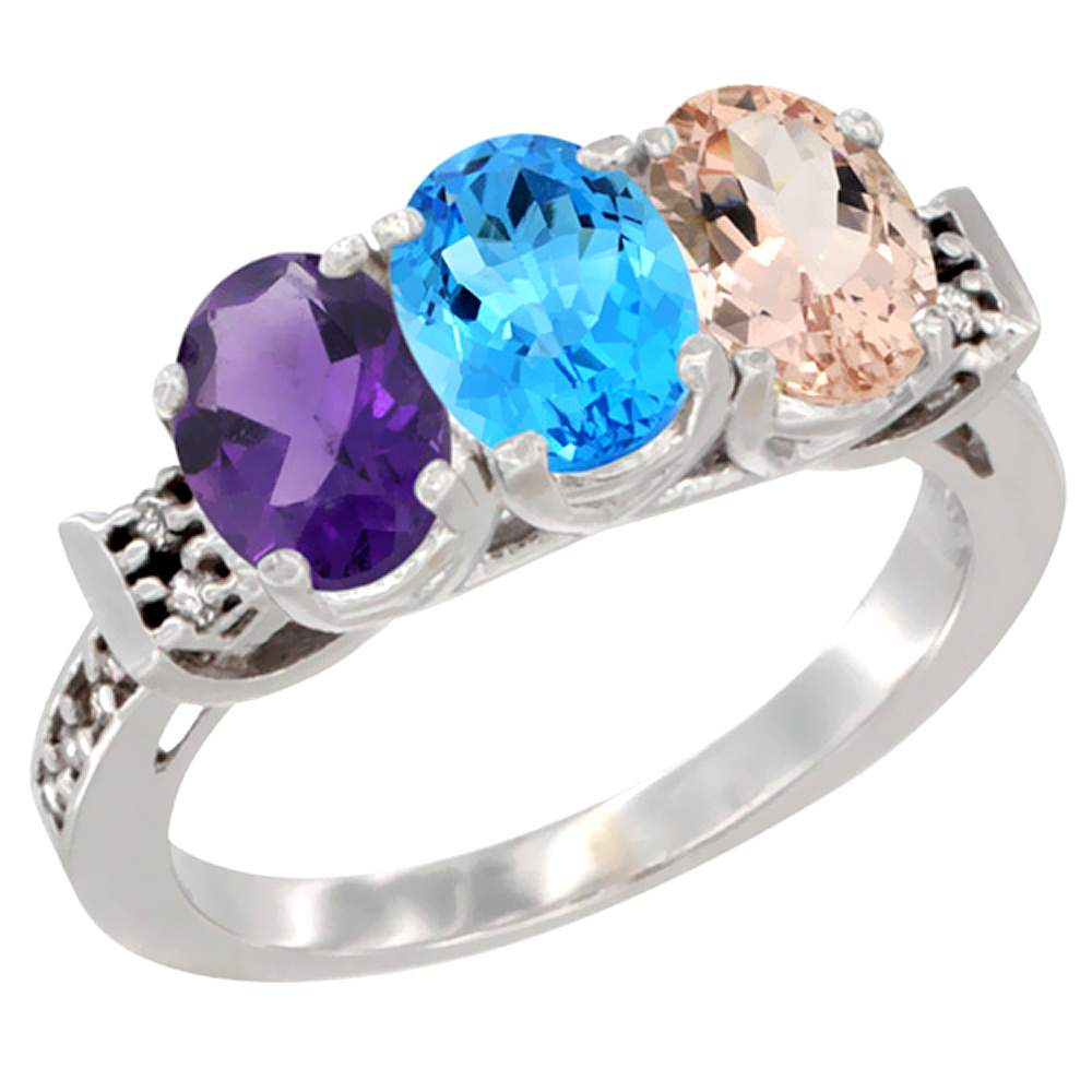 10K White Gold Natural Amethyst, Swiss Blue Topaz &amp; Morganite Ring 3-Stone Oval 7x5 mm Diamond Accent, sizes 5 - 10