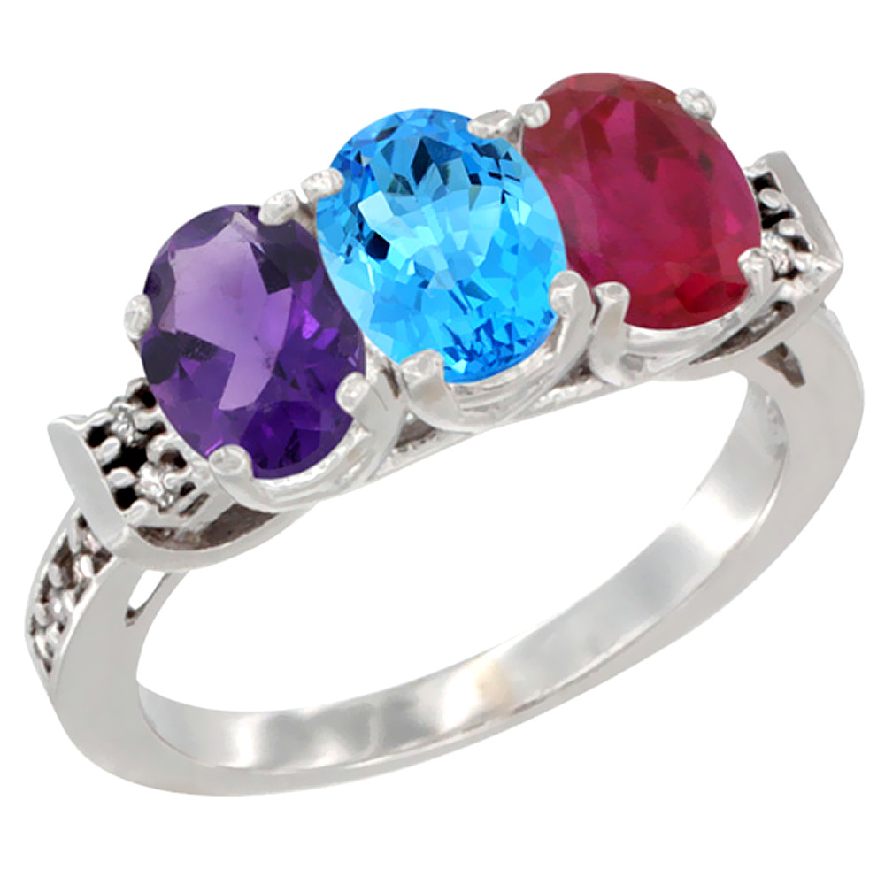 10K White Gold Natural Amethyst, Swiss Blue Topaz &amp; Enhanced Ruby Ring 3-Stone Oval 7x5 mm Diamond Accent, sizes 5 - 10