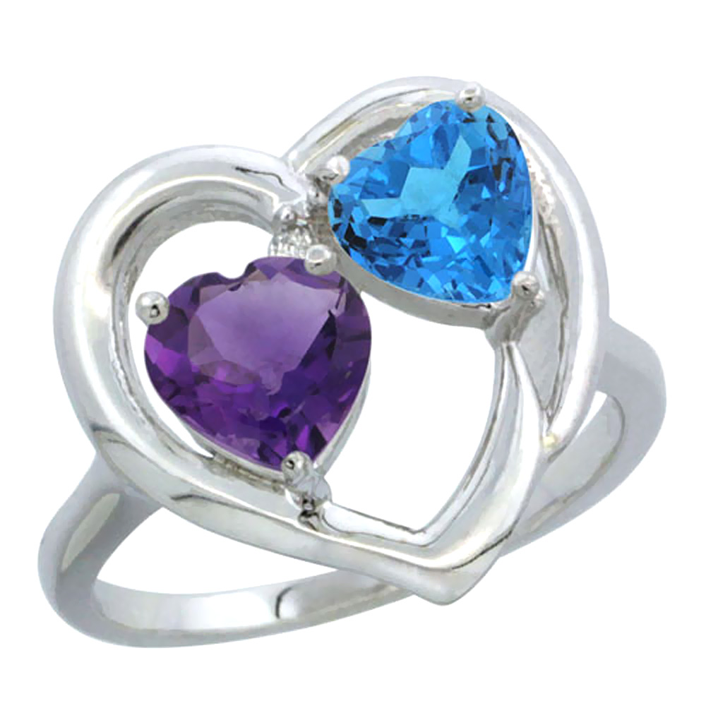 14K White Gold Diamond Two-stone Heart Ring 6mm Natural Amethyst &amp; Swiss Blue Topaz, sizes 5-10