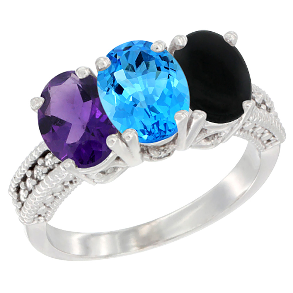 14K White Gold Natural Amethyst, Swiss Blue Topaz & Black Onyx Ring 3-Stone 7x5 mm Oval Diamond Accent, sizes 5 - 10