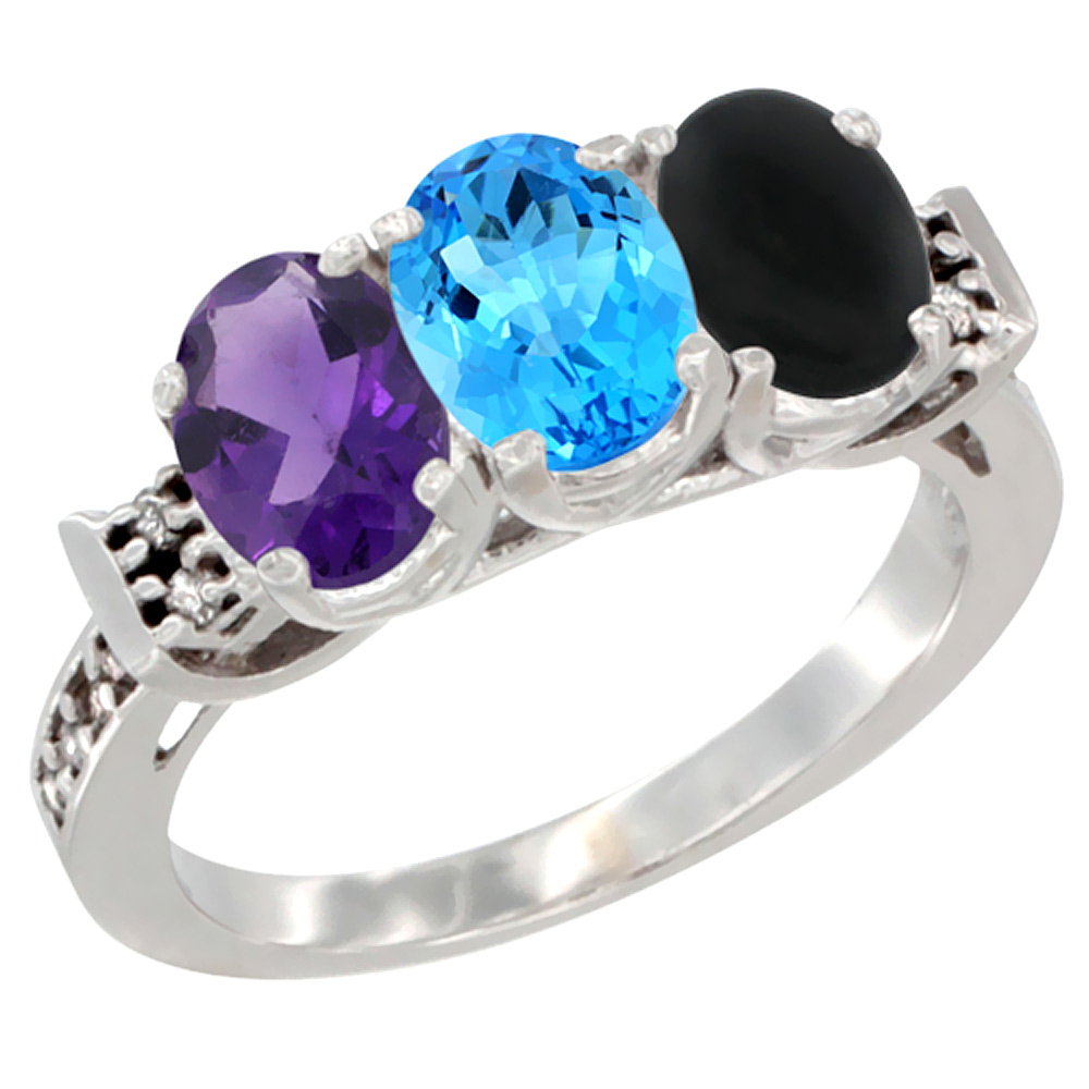 14K White Gold Natural Amethyst, Swiss Blue Topaz & Black Onyx Ring 3-Stone 7x5 mm Oval Diamond Accent, sizes 5 - 10