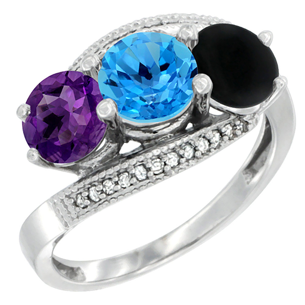 14K White Gold Natural Amethyst, Swiss Blue Topaz & Black Onyx 3 stone Ring Round 6mm Diamond Accent, sizes 5 - 10