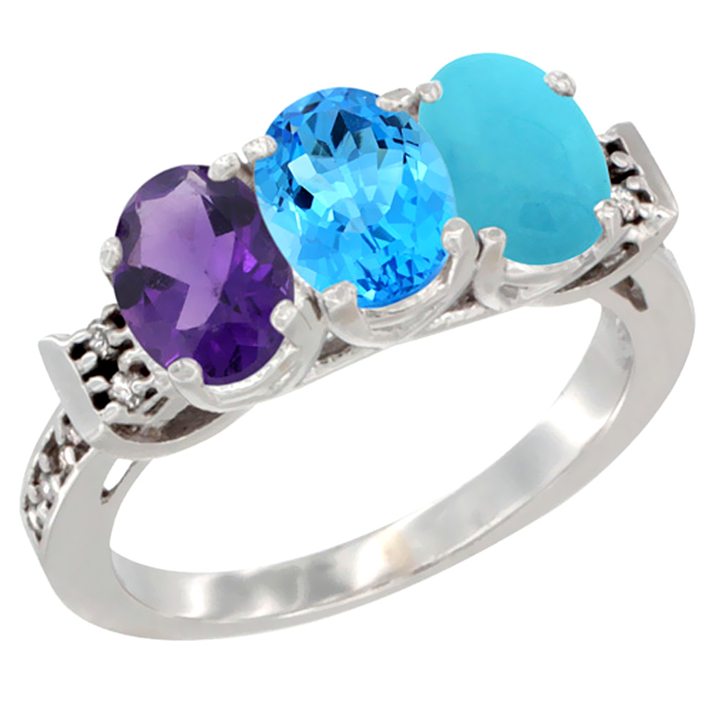 14K White Gold Natural Amethyst, Swiss Blue Topaz &amp; Turquoise Ring 3-Stone 7x5 mm Oval Diamond Accent, sizes 5 - 10