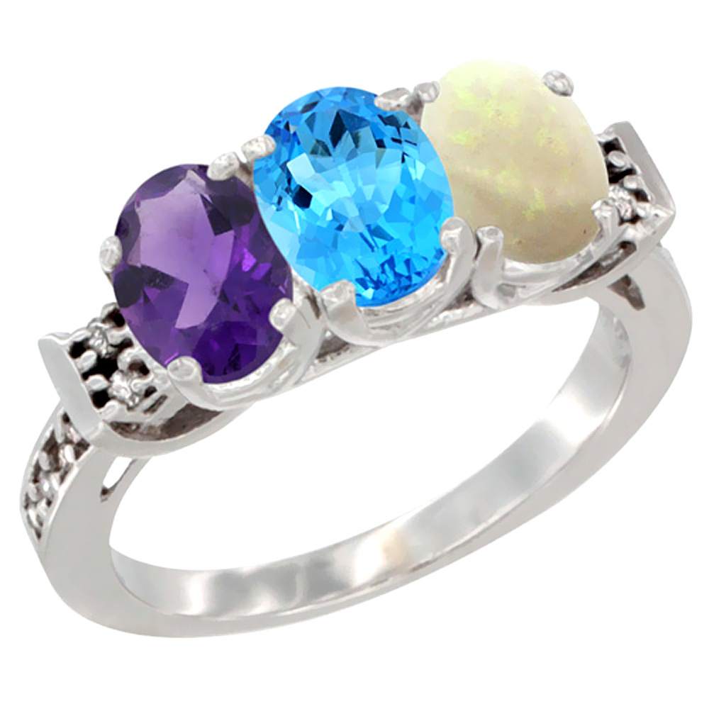 14K White Gold Natural Amethyst, Swiss Blue Topaz & Opal Ring 3-Stone 7x5 mm Oval Diamond Accent, sizes 5 - 10