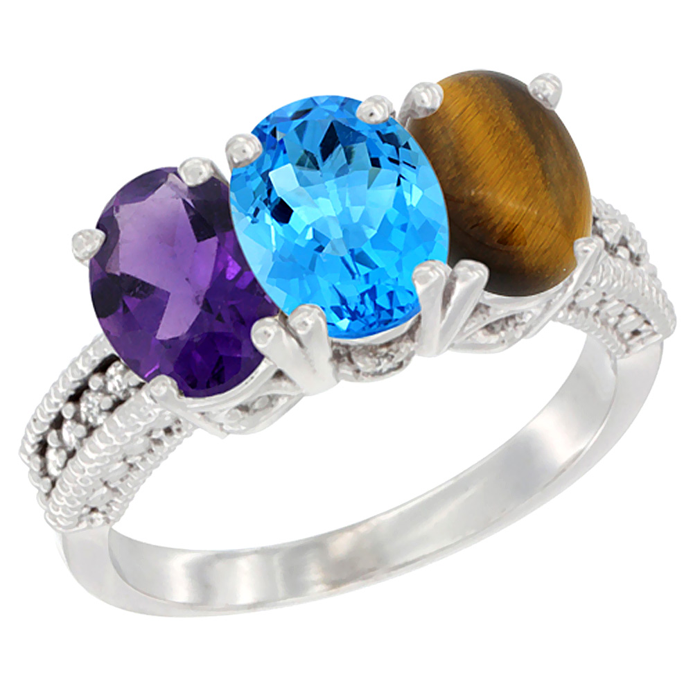 14K White Gold Natural Amethyst, Swiss Blue Topaz &amp; Tiger Eye Ring 3-Stone 7x5 mm Oval Diamond Accent, sizes 5 - 10